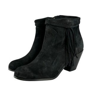 Sam Edelman Louie Black Suede Fringe Ankle Boots Block Heel Women's US Size 8